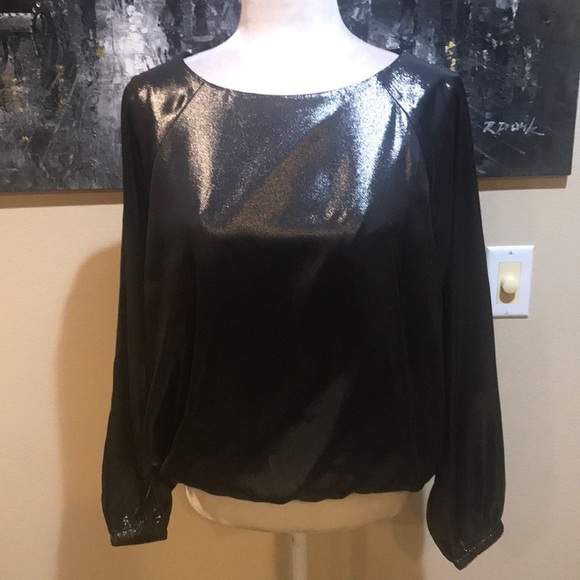 NWT NINE WEST Black/Gold Metallic Oversized Blouson Sleeve Cropped Blouse-Size L - Picture 1 of 15